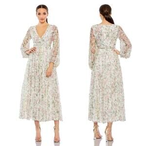 MAC DUGGAL White Embellished Floral Print Faux Wrap A Line Dress size 8 NWT